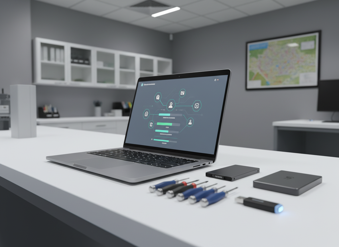 An open laptop with a brushed aluminum finish placed on a clean white service bench, its screen showing a system recovery interface with abstract icons and progress bars, no readable text. Next to it, a neatly arranged set of precision screwdrivers, an external SSD, and a USB recovery drive with a subtle blue indicator light. The environment suggests a professional computer assistance lab in Monza, with neutral grey walls and neatly labeled storage cabinets softly blurred in the background. Cool, even LED lighting creates a calm, controlled atmosphere. Photographic realism, shot from a slightly elevated three-quarter angle with shallow depth of field, emphasizing fast, expert software problem resolution and data recovery without any human presence.