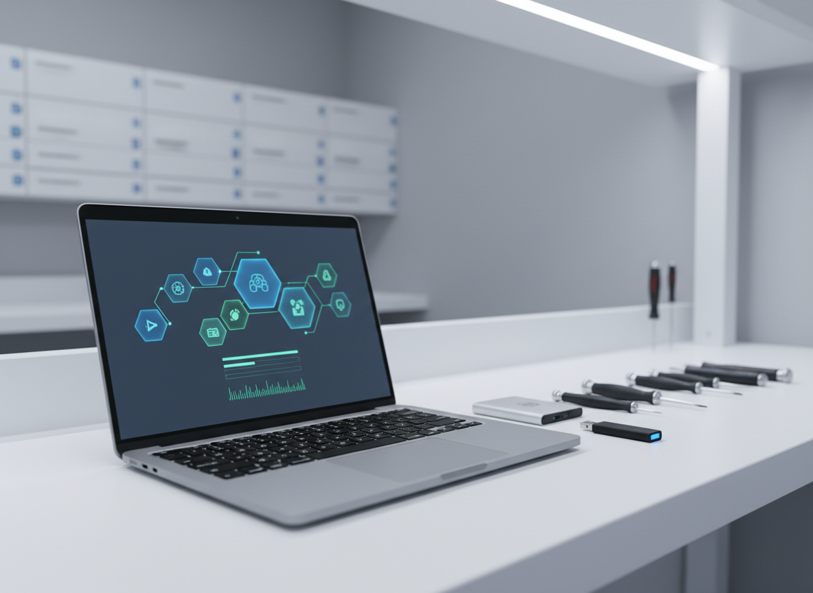 An open laptop with a brushed aluminum finish placed on a clean white service bench, its screen showing a system recovery interface with abstract icons and progress bars, no readable text. Next to it, a neatly arranged set of precision screwdrivers, an external SSD, and a USB recovery drive with a subtle blue indicator light. The environment suggests a professional computer assistance lab in Monza, with neutral grey walls and neatly labeled storage cabinets softly blurred in the background. Cool, even LED lighting creates a calm, controlled atmosphere. Photographic realism, shot from a slightly elevated three-quarter angle with shallow depth of field, emphasizing fast, expert software problem resolution and data recovery without any human presence.