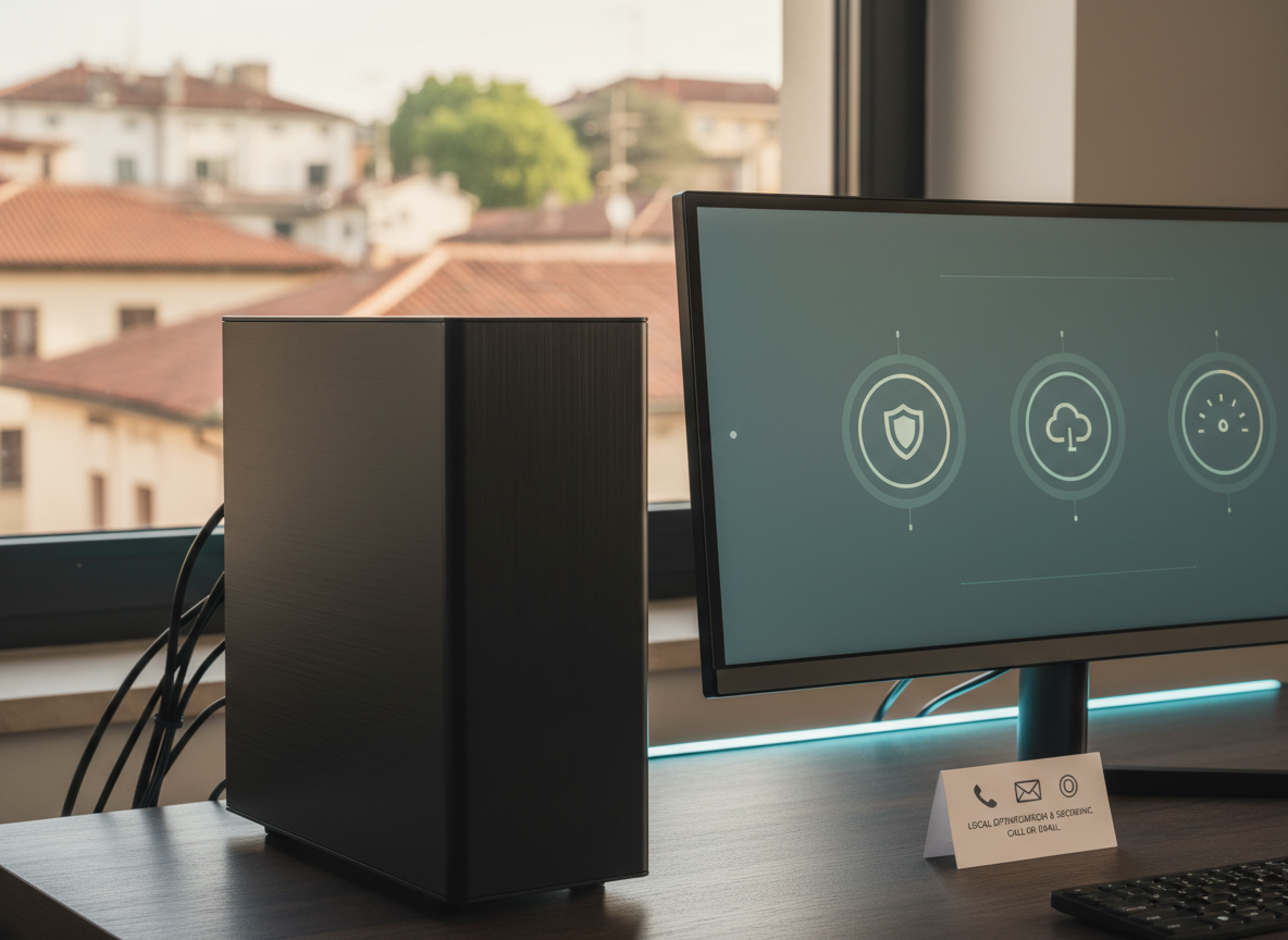 A close-up of a slim black desktop PC case connected to a monitor that displays a stylized operating system settings dashboard with simplified icons for security, backup, and performance, without any readable text. The system sits on a dark wood desk near a large window, with a subtle view of Monza-style urban rooftops and greenery softly blurred outside. Gentle afternoon natural light blends with soft indoor LED lighting, creating balanced, neutral tones and delicate highlights on the hardware surfaces. Photographic realism, composed using the rule of thirds with shallow depth of field, mood calm and reassuring, suggesting remote-free, local computer optimization and antivirus setup services, reachable directly by phone or email only, no signs of online booking.