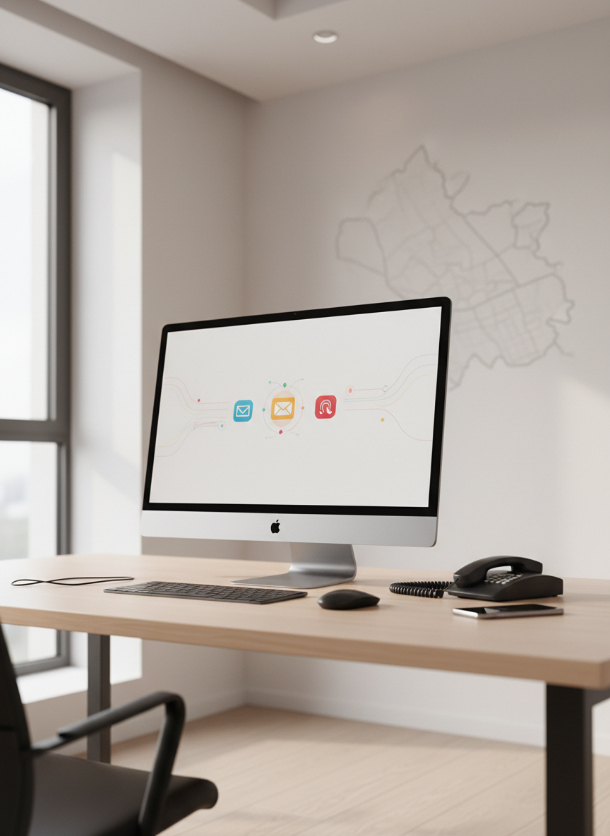 A minimalist office corner featuring a single all-in-one desktop computer on a light beech desk, flanked by a simple black wired keyboard and mouse, with a smartphone and a landline-style handset resting nearby to suggest direct phone and email contact. The monitor shows a stylized, text-free email and phone interface with abstract icons. Behind, a wall-mounted map outline hinting at the Monza area is slightly out of focus. Soft morning light filters through a side window, complemented by gentle overhead illumination, creating a bright yet calm atmosphere. Photographic realism, composed with generous negative space and shallow depth of field, mood professional and welcoming, ideal as a hero image for a local computer assistance business emphasizing easy, direct communication and dependable service.