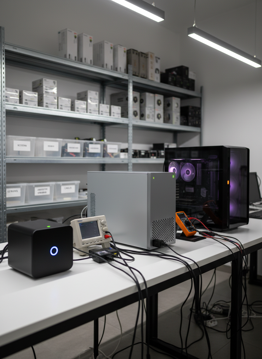 A neat row of three different computers—a compact mini-PC, a mid-range desktop tower, and a gaming-style case with subtle internal lighting—lined up on a long, matte white counter in a professional repair center in Monza. Each system has cables routed tidily to diagnostic devices and external drives, with small, non-text status LEDs glowing. In the softly blurred background, shelves hold boxed components, spare power supplies, and labeled containers of screws and adapters. Bright, even overhead LED lighting ensures clear visibility, with soft shadows under the machines. Photographic realism, wide-angle shot at eye level, sharp focus across the scene, conveying a trustworthy local workshop capable of handling a wide range of computer repairs quickly and professionally, without any people present.