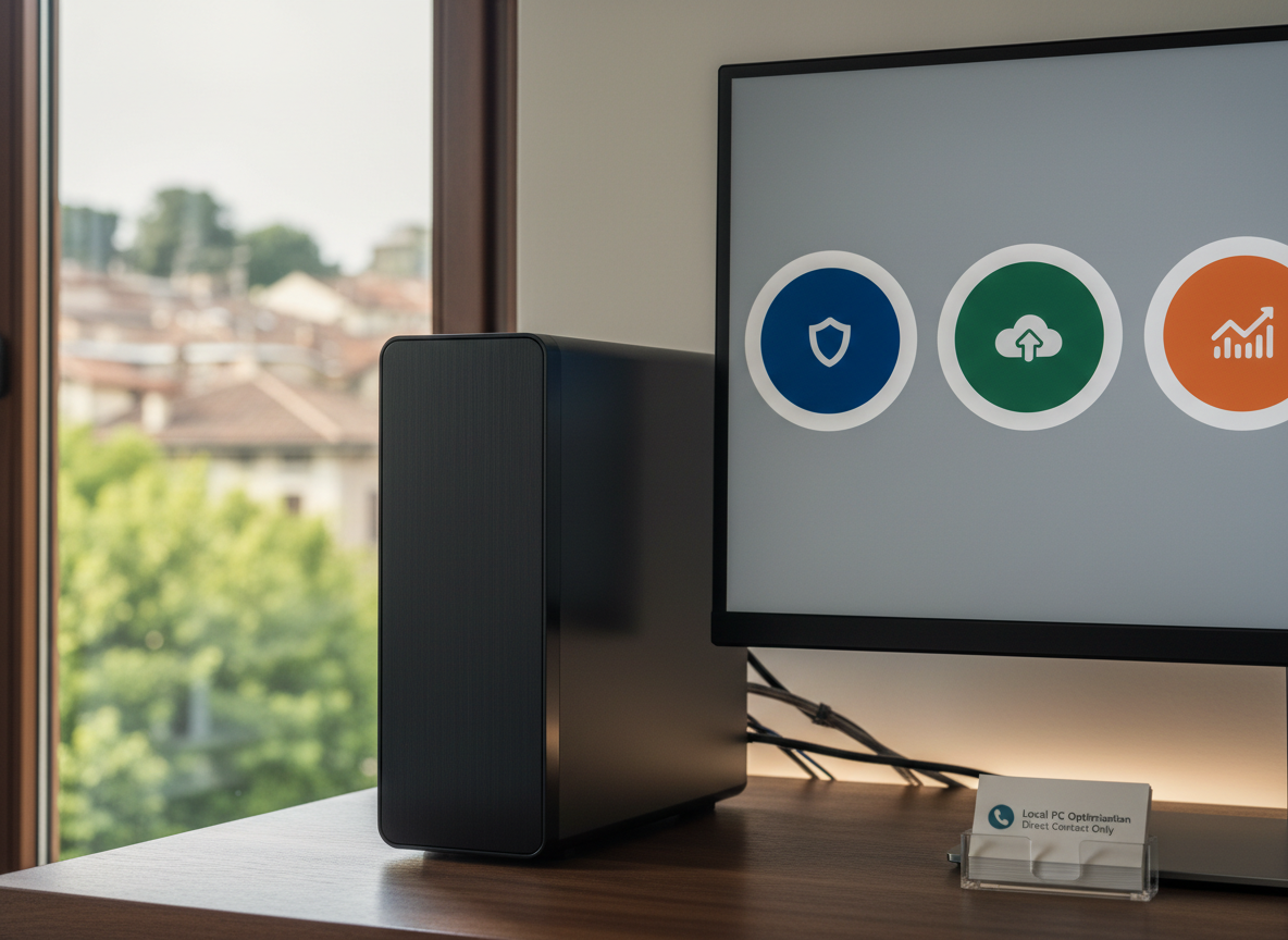 A close-up of a slim black desktop PC case connected to a monitor that displays a stylized operating system settings dashboard with simplified icons for security, backup, and performance, without any readable text. The system sits on a dark wood desk near a large window, with a subtle view of Monza-style urban rooftops and greenery softly blurred outside. Gentle afternoon natural light blends with soft indoor LED lighting, creating balanced, neutral tones and delicate highlights on the hardware surfaces. Photographic realism, composed using the rule of thirds with shallow depth of field, mood calm and reassuring, suggesting remote-free, local computer optimization and antivirus setup services, reachable directly by phone or email only, no signs of online booking.