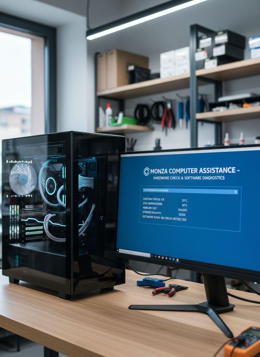 A sleek, modern desktop computer tower with a transparent side panel revealing neatly arranged components and softly glowing status lights, standing beside a thin-bezel monitor displaying a clean blue diagnostic screen. The setup rests on a light oak desk in a tidy, professional repair workshop, with organized tools, labeled component boxes, and coiled cables on shelving in the blurred background. Cool, diffused overhead lighting and a bit of daylight from a side window create minimal reflections and soft shadows. Photographic realism, eye-level composition with slight angle, sharp focus on the computer, conveying reliable, trustworthy computer assistance in Monza for both hardware checks and software diagnostics, no people visible.