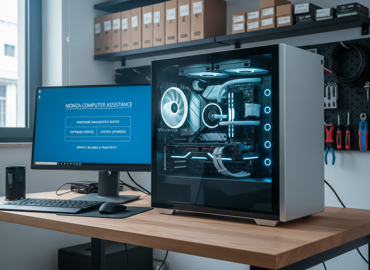 A sleek, modern desktop computer tower with a transparent side panel revealing neatly arranged components and softly glowing status lights, standing beside a thin-bezel monitor displaying a clean blue diagnostic screen. The setup rests on a light oak desk in a tidy, professional repair workshop, with organized tools, labeled component boxes, and coiled cables on shelving in the blurred background. Cool, diffused overhead lighting and a bit of daylight from a side window create minimal reflections and soft shadows. Photographic realism, eye-level composition with slight angle, sharp focus on the computer, conveying reliable, trustworthy computer assistance in Monza for both hardware checks and software diagnostics, no people visible.