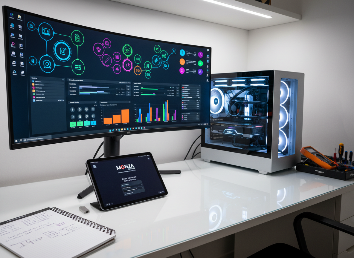 A professional computer setup with a modern desktop computer and monitor on a clean white workspace in a repair center in Monza. The system shows a balanced mix of hardware and software elements - the monitor displays a colorful application or diagnostic interface with abstract icons. Next to the computer sits a small notebook with technical notes, a USB drive, and a tablet showing scheduling or system information. The scene is well-organized and professional, with soft overhead LED lighting creating clean shadows. Photographic realism, shot from a slightly elevated angle, composition emphasizing both hardware reliability and technical expertise, suggesting medium-complexity computer problems being professionally resolved. No people visible, mood calm and reassuring.