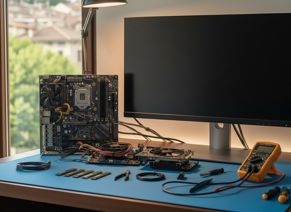 A professional computer repair workbench with a disassembled desktop PC showing complex internal components — motherboard, CPU, RAM sticks, and cables — laid out neatly on an anti-static mat. Tools like screwdrivers and a multimeter are visible. The scene is well-lit with warm overhead lighting, suggesting advanced technical work. Photographic realism, clean and organized, no people visible, mood professional and competent.